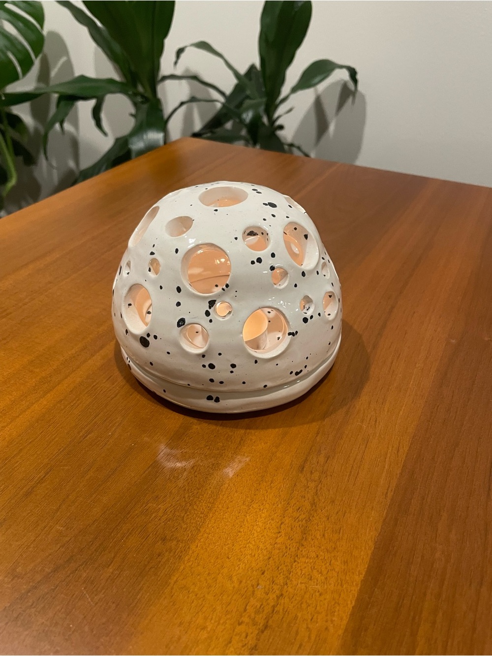 Speckled White Ceramic Tealight Holder with Circular Cutouts